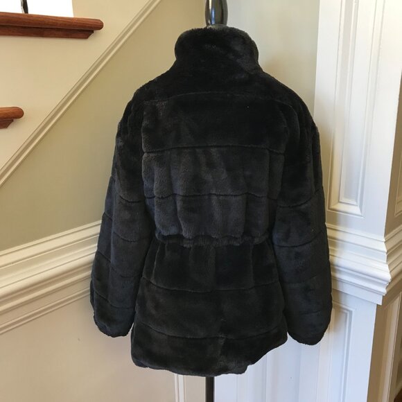 Elie Tahari Faux Fur Coat Womens Medium Black Cinch Waist Long Sleeve Jacket - Picture 14 of 15